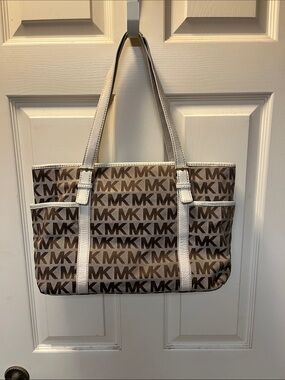 EUC Michael Kors Brown MK Logo Tote with White Trim and Dust Bag